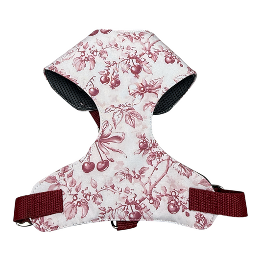 Vollbrustgeschirr 2.0 „Cherry on Top“ von Doggies Couture mit romantischem Kirsch-, Schleifen- und Blumenmuster in zarten Rosatönen. Handgefertigtes Hundegeschirr mit extra Polsterung zur Druckvermeidung am Brustkorb, zwei D-Ringen und zwei frostsicheren Klickverschlüssen für sicheren Halt. Erhältlich in den Größen XXS bis L sowie als Maßanfertigung. Das ergonomische Vollbrustgeschirr bietet hohen Tragekomfort und eignet sich für Alltag, Training und Hundesport. Pflegeleicht und waschbar im Wäschebeutel. 