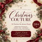 Hunde-Adventskalender „Christmas Couture“ von Doggies Couture für 239 € mit 24 Türchen, täglichen Leckerlis, maßgefertigtem Brustgeschirr und Zubehör. Festliches Motiv in Creme, Bordeaux und Gold.