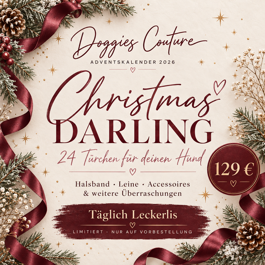 Doggies Couture Adventskalender „Christmas Darling“ für Hunde: 24 Türchen mit täglichen Leckerlis, Halsband, Leine und Accessoires. Weihnachtliches Motiv in Creme und Bordeaux, 129 €.