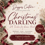 Doggies Couture Adventskalender „Christmas Darling“ für Hunde: 24 Türchen mit täglichen Leckerlis, Halsband, Leine und Accessoires. Weihnachtliches Motiv in Creme und Bordeaux, 129 €.