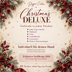 Inhalt des Adventskalenders „Christmas Deluxe“ für Hunde: tägliche Leckerlis, Halsband, Leine, Leckerlibeutel, Accessoires und Überraschungen. Individuell abgestimmt, mit exklusivem Stoffdesign 2026.