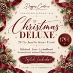 Hunde-Adventskalender „Christmas Deluxe“ von Doggies Couture für 179 €: 24 Türchen mit Leckerlis, Halsband, Leine, Leckerlibeutel und Accessoires. Weihnachtliches Design in Creme und Bordeaux.