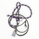 Double-Trouble-Sofortkaufleine von Doggies Couture – handgefertigte Hundeleine aus Paracord und Biothane, 220 cm lang, flexibel von Handschlaufe bis Crossbody verstellbar und mit zwei frostsicheren 360°-Bolzenkarabinern.