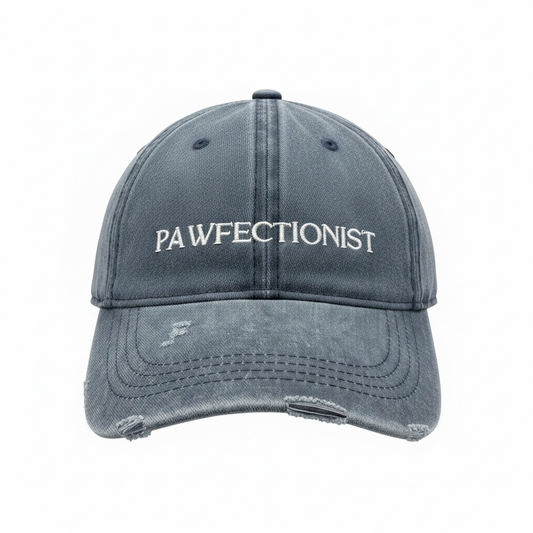 Jeanskappe „Pawfectionist“ von Doggies Couture – lässige Denim-Cap mit Pawfectionist-Schriftzug, stylisches Accessoire für Hundeliebhaber und Hundehalter.