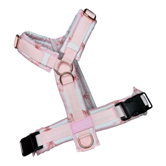 Y-Brustgeschirr „Wrapped in Blush“ von Doggies Couture in zartem Rosa mit Schleifenmuster. Handgefertigtes Hundegeschirr mit perfekter Passform, maximaler Bewegungsfreiheit, weicher Polsterung und verstellbaren Brust- und Bauchgurten. Stilvolles Hundezubehör für Alltag, Training und Spaziergänge.