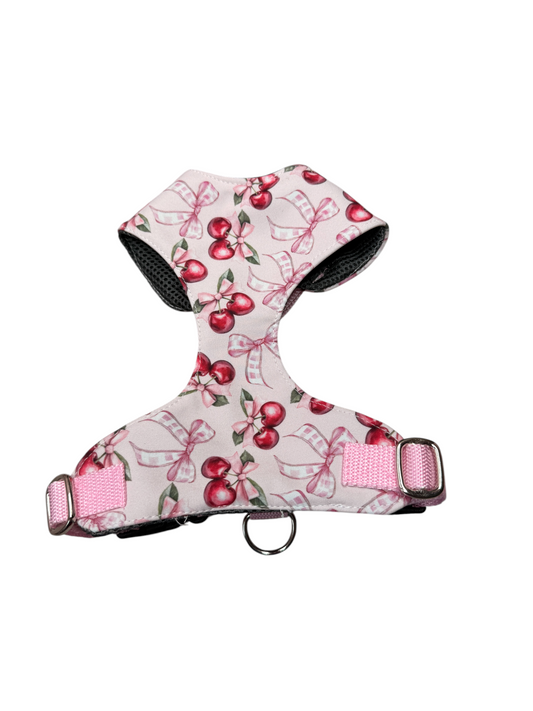 Rosa Vollbrustgeschirr 2.0 für Hunde im Design „Extra Cherry“ mit süßen Kirschen und Schleifen. Das gepolsterte Hundegeschirr bietet hohen Tragekomfort, zwei D-Ringe für flexible Nutzung sowie zwei frostsichere Klickverschlüsse für sicheren Halt. Verstellbar, leicht zu reinigen und in verschiedenen Größen erhältlich – ideal für Alltag, Training und Spaziergänge. 🍒🎀🐾